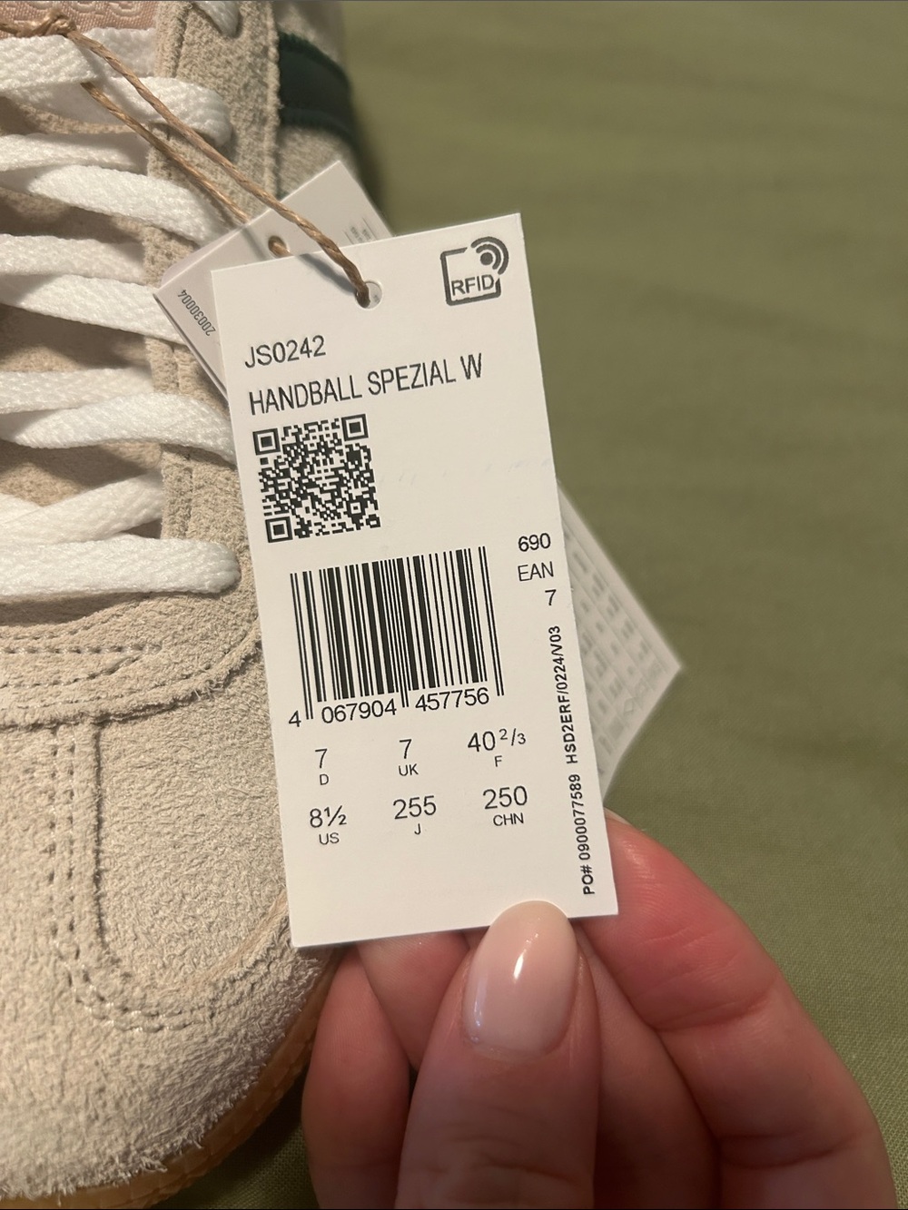 adidas Suede Sneakers in Off-White with Dark Green Stripes and Gum Sole - Picture 15 of 15